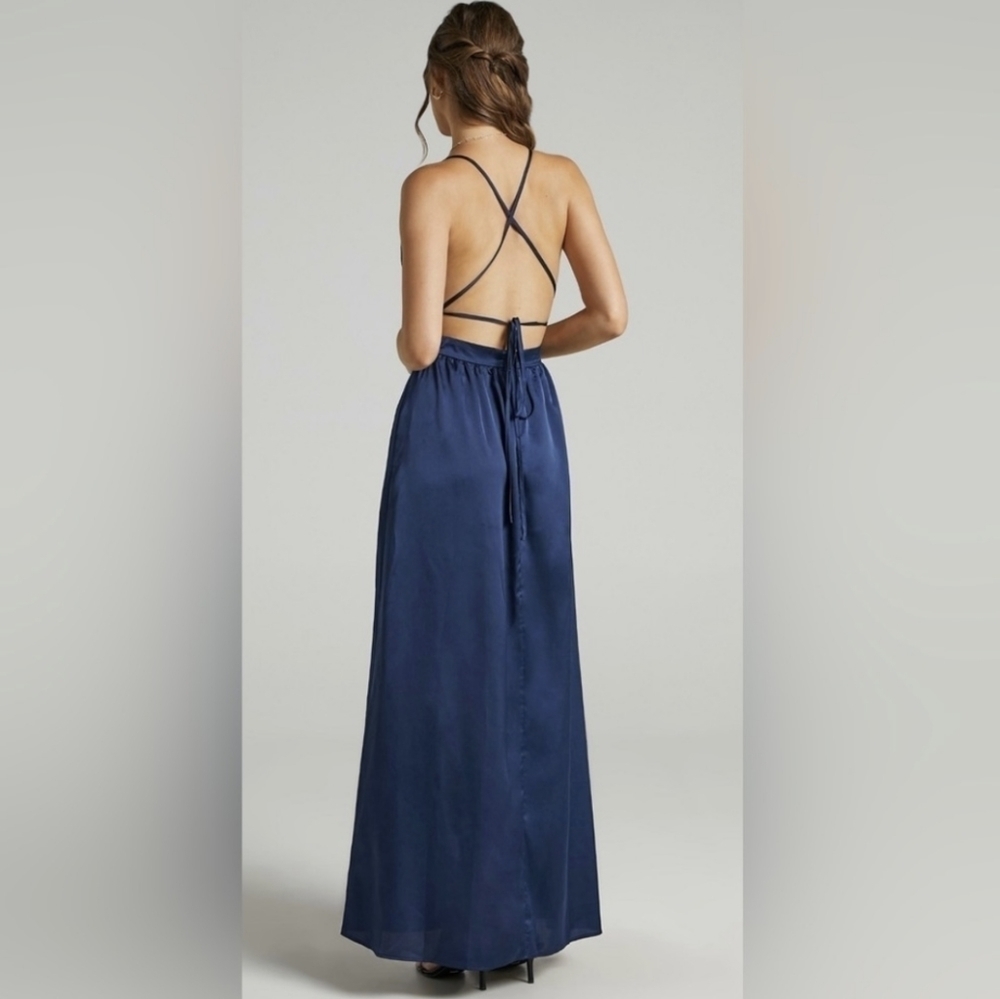 Showpo Navy Inspired Tribe Plunge Neckline Maxi Lace Open Leg Dress Size US 6 - Picture 5 of 13